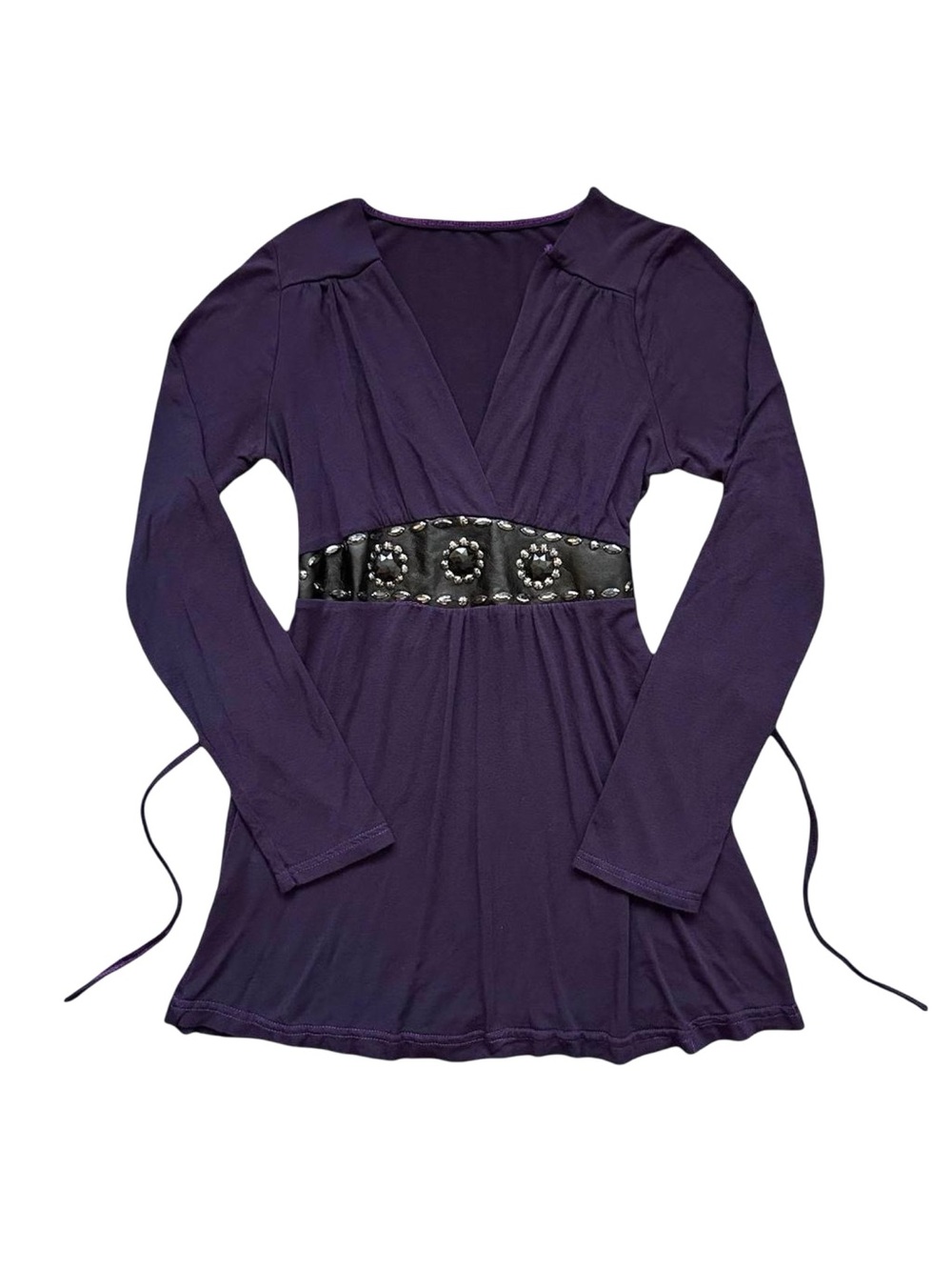 Y2K 2000s Vampy Purple Tie-Back Long Sleeve V-Neck Top w/ Faux Leather Waistband